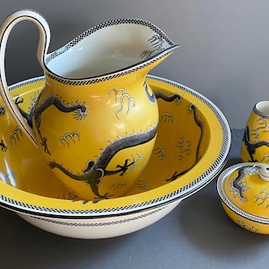 Rare! Etruria Wedgwood Ceramic Wash basin Set, Chinese black Dragon Motif , large wash basin, pitcher, covered soup dish, cup, C.1920
