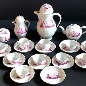 18th century German Gotha Thuringia Hard-paste porcelain puce country scenes Tea Service, 25 pcs. Very rare and highly collectible!