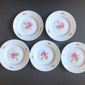 May include: Set of six white porcelain plates with a pink rose design. Each plate features a single rose with green leaves and stems.