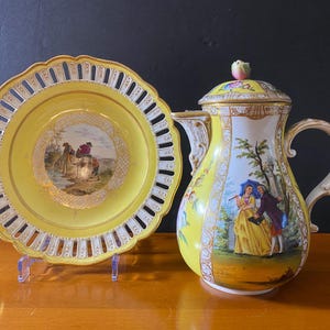 C1774-1815 Meissen coffee Pot & pierced plate, Yellow Ground with romantic pastoral Scene, RARE