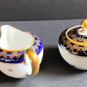 Pot à crème et sucrier Johann Haviland bleu cobalt et or, vers 1930-1950, menthe