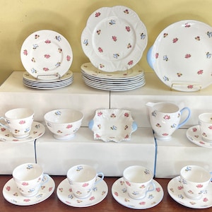 England Shelley porcelain &quot;Rose Pansy, Forget-Me -Not&quot; Tea service, teacup, creamer, sugar bowl and plates set, blue trim, 36pcs, exquisite!