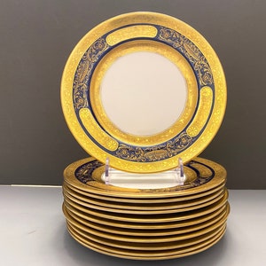 Foley and Shelley (Late Foley) England cabinet plates for Ovington Bros Co., set 12, cobalt blue,heavily gold encrust,9&#39;&#39;,exquisite! Rare!