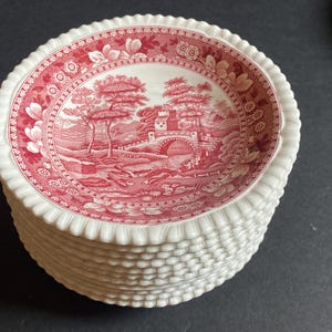 Copeland Spode Tower pink /red transferware tea saucers, 4 pieces, old red mark, excellent condition!