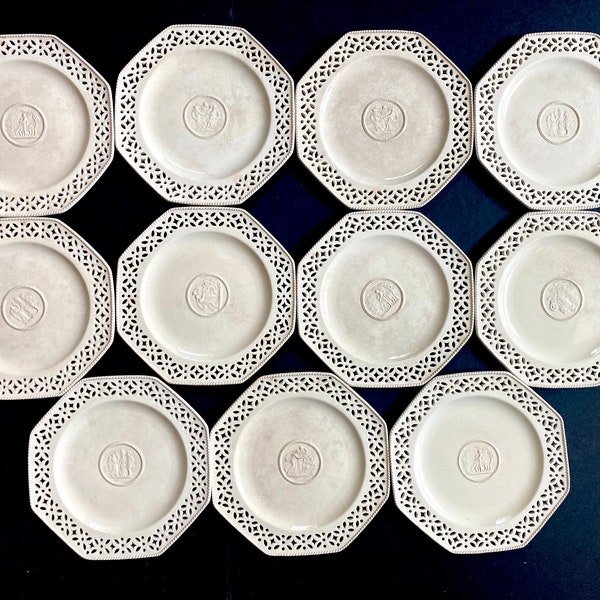 Set 11 Wedgwood Creamware Pottery Hexagonal pierced Plates, Pearlware Neoclassical scene, 1800s, very rare, highly collectible