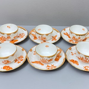 Herend Queen Victoria "Fortuna Rust" teacups and saucers for 6 persons, 24k gold gilt, 12 pcs, gorgeous