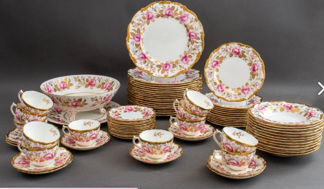 Coalport England Pink Rose Dinnerware for 12, Bone China, Heavy Gilt ...