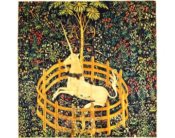 100% Mulberry Art silk scarf - The Unicorn Rested in a Garden- 16 momme silk scarf, 20 inches x 20 inches (50cmx50cm) square scarf