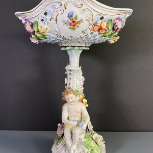 Carl Thieme Potschappel Dresden porcelain Figural centerpiece with pierced bowl and floral encrusted decoration, ca. 1910-30, excellent