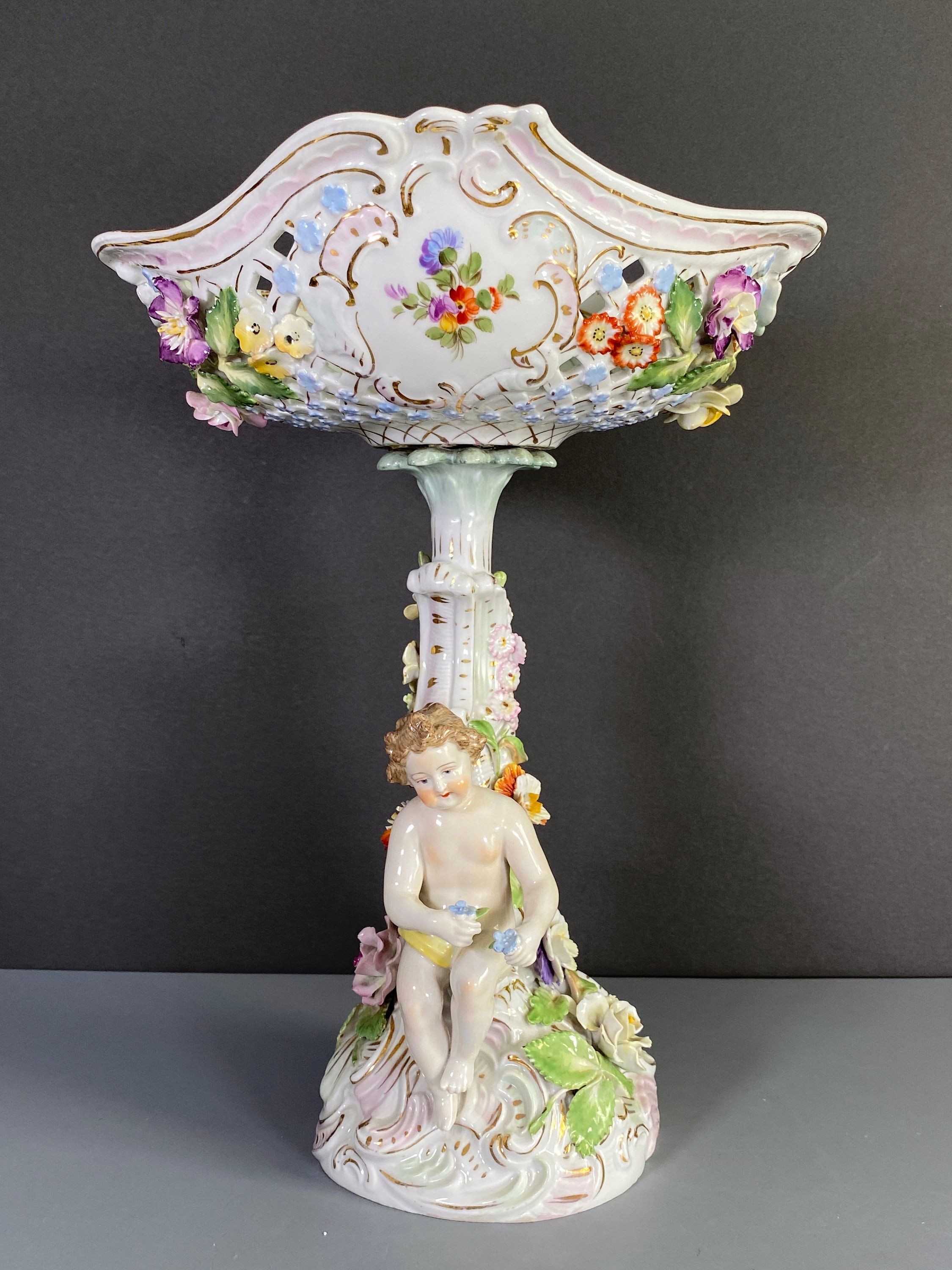 Carl Thieme Potschappel Dresden porcelain Figural centerpiece with pierced bowl and floral encrusted decoration, ca. 1910-30, excellent
