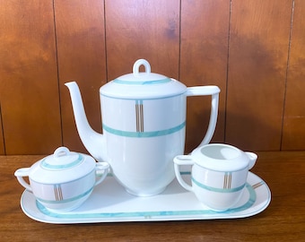 Bernardaud Limoges "Paestum" Porcelain coffee / teaware set, 4 pcs, French Art Deco Geometric Design, Turquoise & Gilt, Elegant, MINT