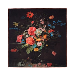 100% Mulberry silk Art scarf - A Bouquet of Flowers - 16 momme high quality silk, 20 inches x 20 inches (50 cmx50cm) square scarf