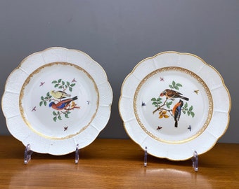 Antike Meissen Kabinett Teller: Vögel & Insekten, Goldrand (2er-Set)