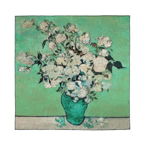 100% Mulberry silk art scarf -  Van Gogh-Pink Roses - 19 momme high quality silk square scarf, 35 inches x 35 inches