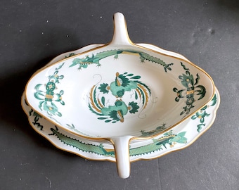 Gorgeous Meissen Rich Court dragon (Green) & Phoenix birds motif gravy boat, gold accents, 1st quality, excellent!