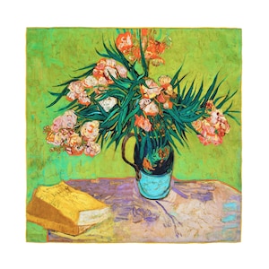 Spring sale!100% Mulberry silk charmeuse/satin art scarf - Oleanders - 19 momme high quality silk- square, 35 inches x 35 inches