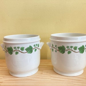 May include: Two white ceramic planters with green ivy designs and handles. The planters are on a wooden surface.