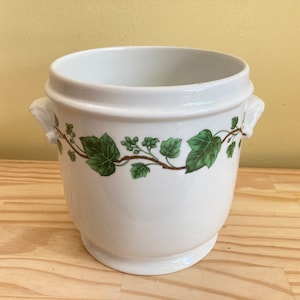 Könnte beinhalten: Weißer Keramiktopf mit zwei Griffen und einem grünen Efeu-Ranken-Design.