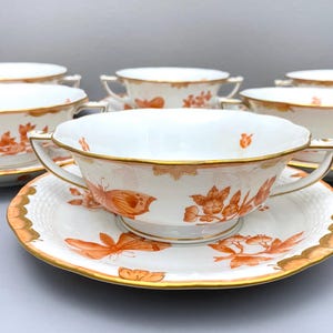 Herend Queen Victoria "Fortuna Rust" cream soup bowls and saucers for 6 persons, 24k gold gilt, 12 pcs, gorgeous