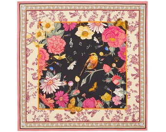 100% mulberry silk scarf - The Nightingale and the Rose-35''x35'', 16 momme  silk twill scarf