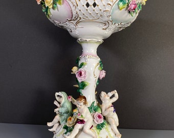 Germany Volkstedt Dresden porcelain floral encrusted and Figural centerpiece. C.1915, excellent condition!