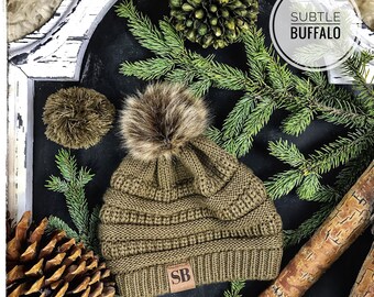 Pom Pom Beanie, Tan Beanie, Knitted beanie, Chunky Beanie,  Fur Pom Hat, Gift For Her, Winter Hat, Knit, REMOVABLE Pom Pom Beanie