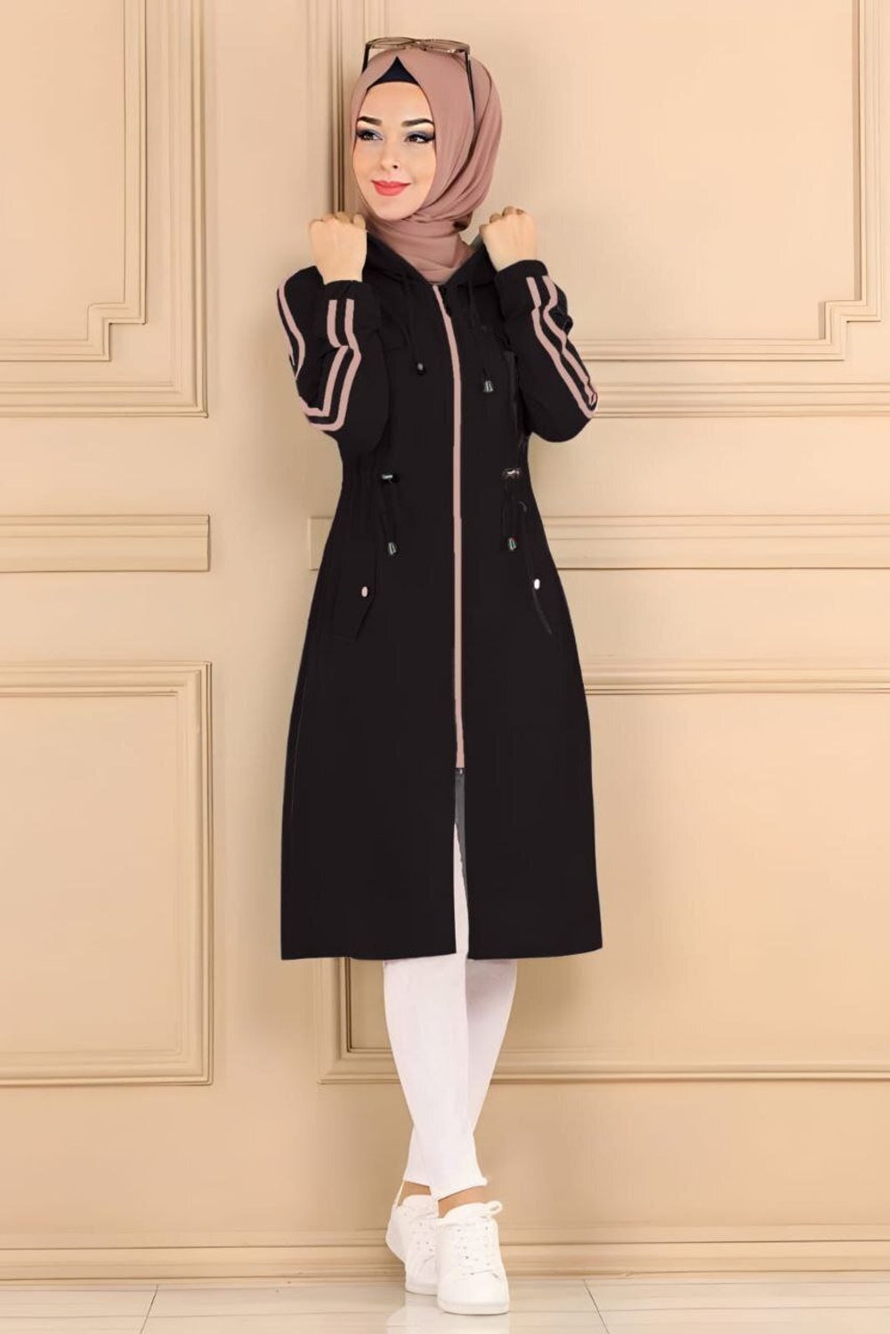 Hooded Long Sweat Shirt Zipper Dress Jacket With Long Sleeves And Pockets In Cotton Printfushion