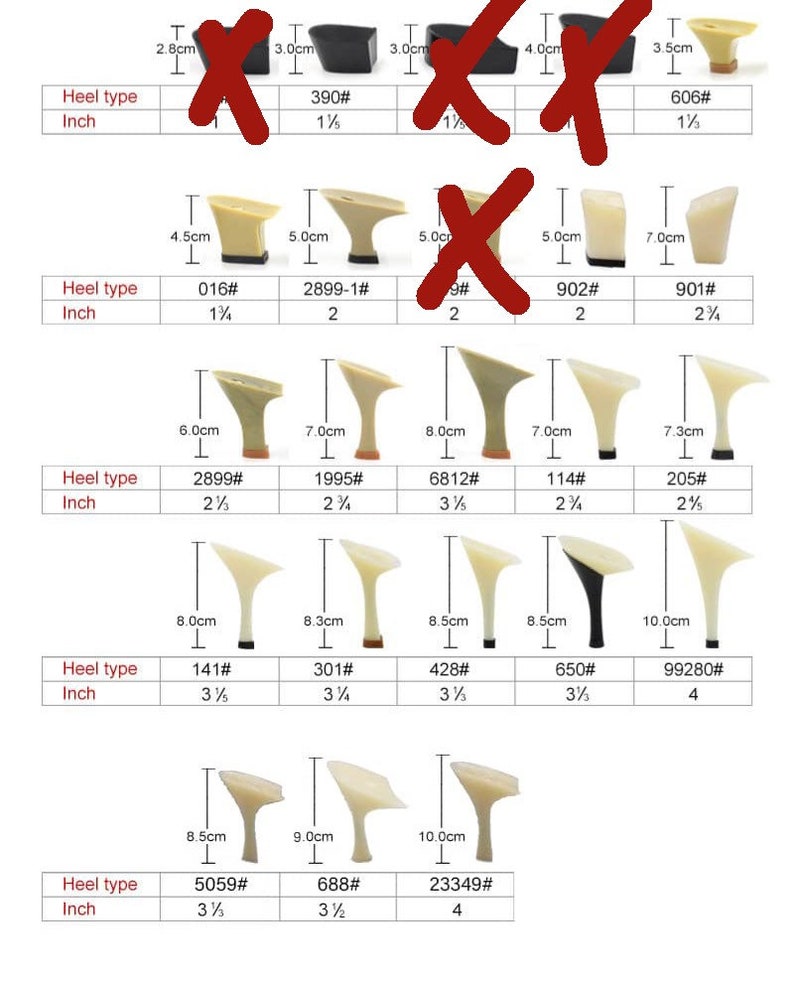 May include: A chart showing different heel heights in centimetres and inches. The chart includes heel types, numbers, and measurements in both centimetres and inches. The chart is a helpful guide for choosing the right heel height for your needs.
