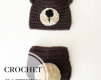 Bear Cub Crochet Pattern - PDF Pattern - Bear Cub Crochet Diaper Cover Set - Newborn Diaper Cover Set - Baby Bear Crochet Hat