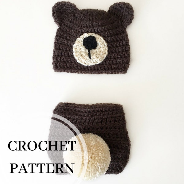 Bear Cub Crochet Pattern - PDF Pattern - Bear Cub Crochet Diaper Cover Set - Newborn Diaper Cover Set - Baby Bear Crochet Hat