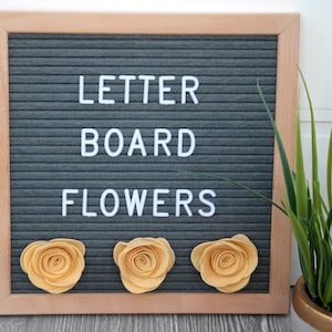 May include: A gray felt letter board with the words "LETTER BOARD FLOWERS" spelled out in white letters. Three yellow felt flowers are pinned to the board.