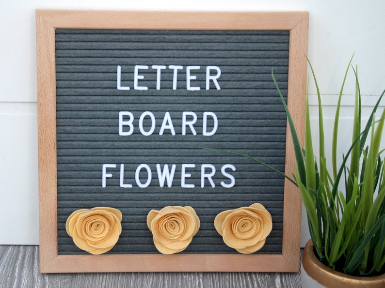 May include: A gray felt letter board with the words "LETTER BOARD FLOWERS" spelled out in white letters. Three yellow felt flowers are pinned to the board.
