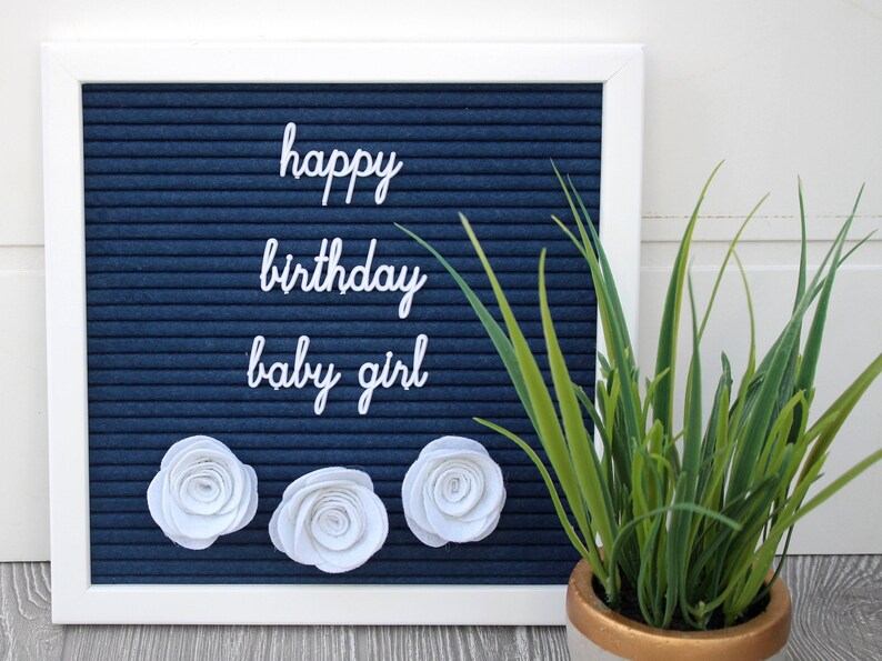 May include: A navy blue felt letter board with the words "happy birthday baby girl" in white script. Three white paper flowers are at the bottom. A potted plant with green leaves is on the right.