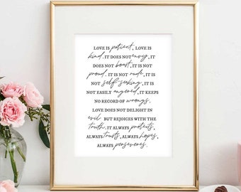 Love is Patient, Love is Kind Digital Art Print, Schlafzimmer Wandkunst, Schwarzweiß Kunstdruck, 1 Korinther 13: 4-7 Print, Geschenkidee Hochzeit