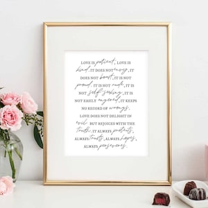 Love is Patient, Love is Kind Digital Art Print, Bedroom Wall Art, Black and White Art Print, 1 Corinthians 13:4-7 Print, Wedding Gift Idea