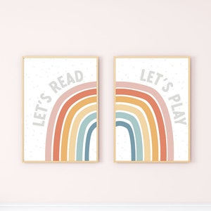 Lass uns lesen und spielen Regenbogen Spielzimmer Wandkunst, 2er Set Spielzimmer Poster, Lesen Spielzimmer Dekor, Kinder Wand Drucke, Spielzimmer Drucke