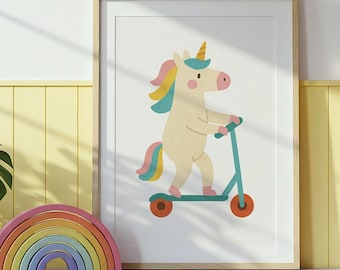 Einhorn auf einem Roller druckbare bunte Kinder illustrierte Drucke für Spielzimmer, moderne Kinderzimmer Dekor, Tierdrucke, magische Märchenkunst