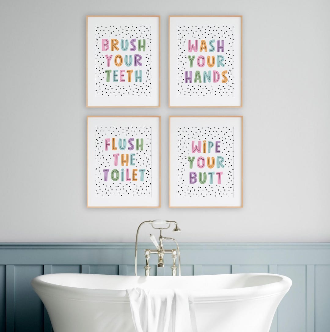 Kid's Bathroom Art Print Set of 4 Prints, Flush the Toilet, Wash Your ...