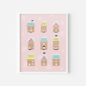 Pastel Gingerbread Village Digital Art Print, Vintage Pink Christmas, Gingerbread Christmas Decor, Holiday Wall Art, Christmas Village Print