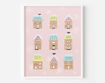 Pastel Gingerbread Village Digital Art Print, Vintage Pink Christmas, Gingerbread Christmas Decor, Holiday Wall Art, Christmas Village Print