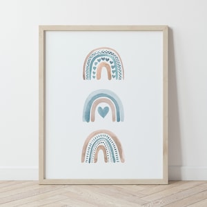 Blue Watercolor Rainbows Print Digital Art Print, Nursery art for baby boy&#39;s room,  Rainbow Boho Baby Nursery Print
