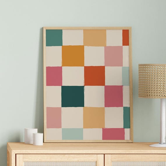 Retro Rainbow Checkered Poster, Cool Wall Decor, Aesthetic Wall Printable, Retro Art Print, Funky Boho Style Wall Art