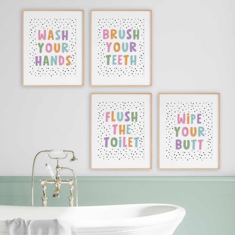 Kid's Bathroom Art Print Set of 4 Prints, Flush the Toilet, Wash Your ...