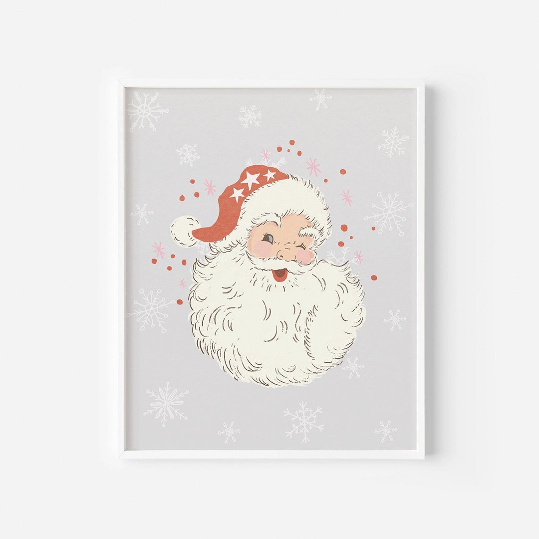 Santa Art Print, Grey Holiday Printable, Pastel Christmas Wall Art