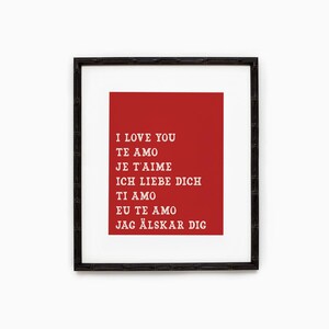 Ik hou van jou in verschillende talen Afdrukbare muurkunst, Red Love Quote Art Print, retro trendy quote wanddecoratie, manieren om te zeggen dat ik van je hou print