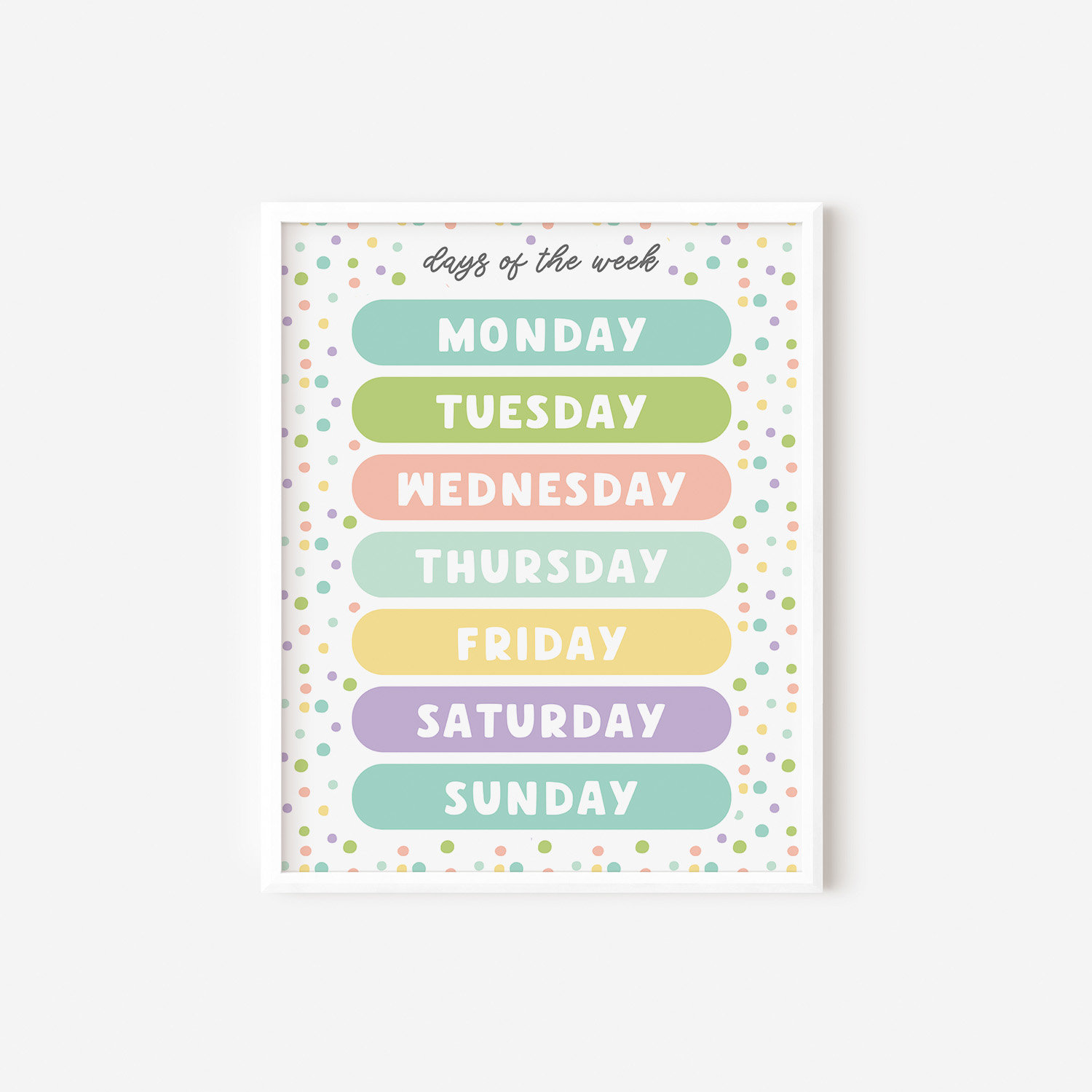 Days of the Week Learning Print, Pastel Polkadot Playroom Print ...