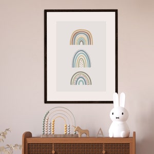 Blue and Brown Watercolor Rainbows Print Digital Art Print, Nursery art for baby boy&#39;s room,  Rainbow Boho Baby Nursery Print