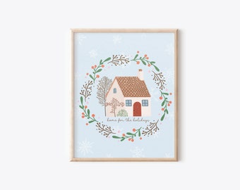 Home for the Holidays  Vintage Blue Christmas Decor, Gingerbread Christmas Decor, Holiday Wall Art, Pastel Blue Modern Christmas Decor