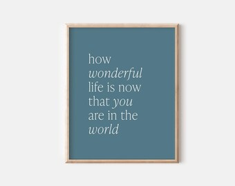 Puede incluir: Una impresión enmarcada con un fondo verde azulado y las palabras "how wonderful life is now that you are in the world" en blanco. El marco es de color marrón claro.
