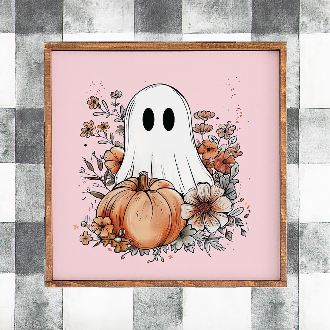 Cute Ghost and Pumpkin Printable, Kawaii Pink Halloween Wall Art, Sweet ...